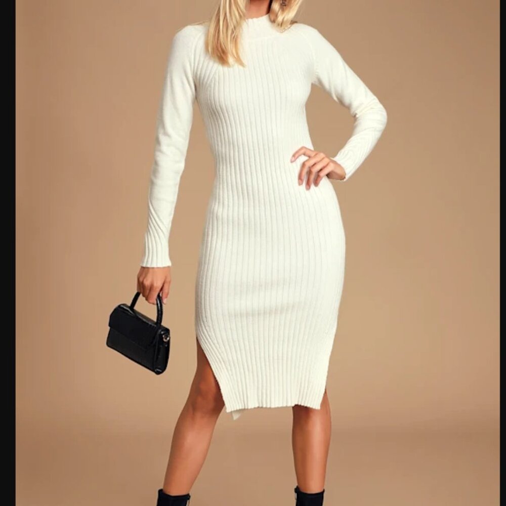 NWT Lulus Snuggle Party Ivory Mock Neck Midi Sweater Dress Size L